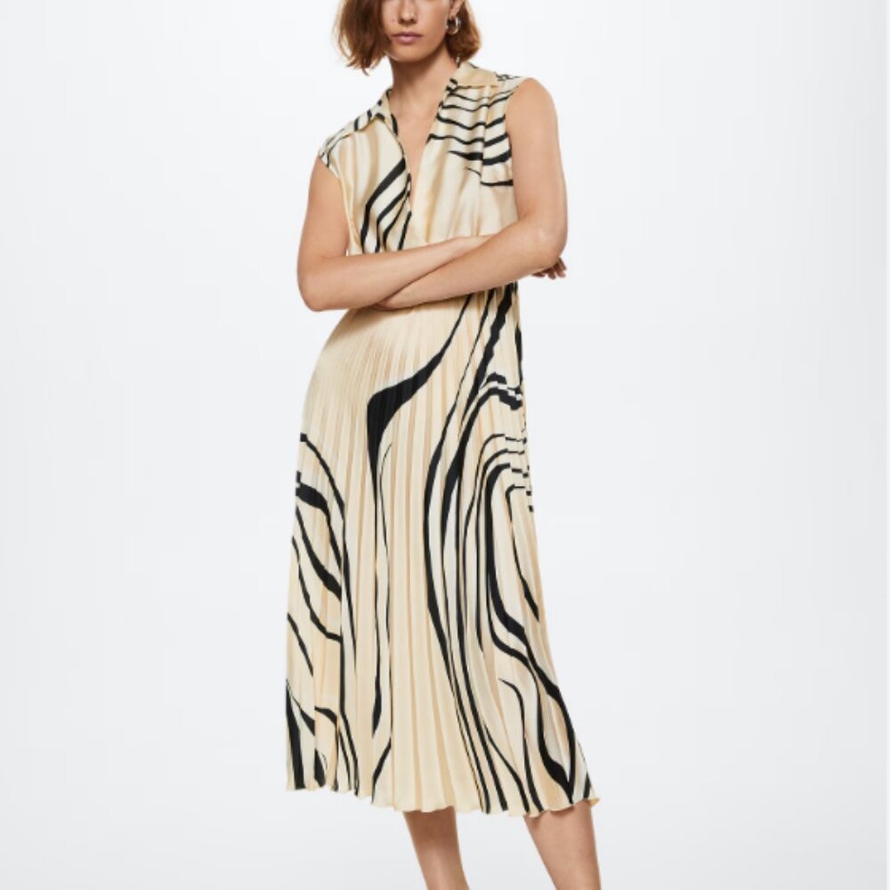 Mango Abstract Print Pleated Dress, Size L NWT